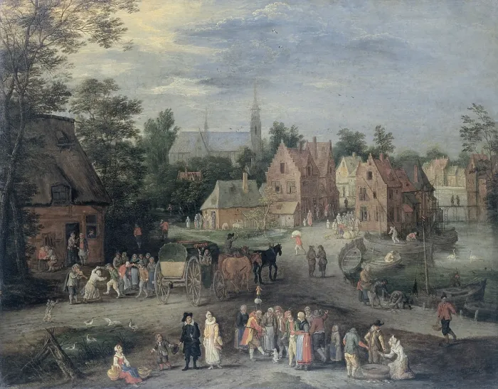 Framed Print : A Village in Flanders, by Pieter Gijsels, 1650-91, Flemish painting, oil on canvas. In center, a group stands around a man with a dancing dog