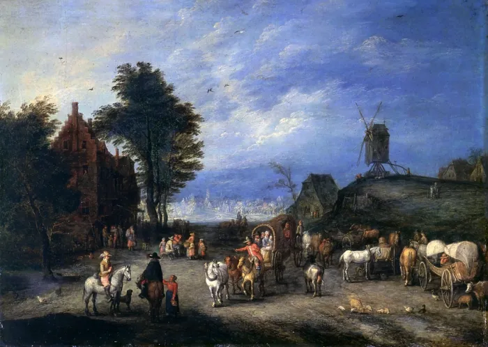 Framed Print : Village with Marketplace, by Paul Bril, after Jan Bruegel the Elder also known as Bruegel of the Velvets, 17th century, oil on copper - Italy, Lombardy, Milan, Castello Sforzesco
