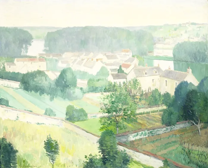 Framed Print : The Village of Sannois, by Gerrit van Blaaderen, 1910-14, Dutch painting, oil on canvas. View of town from elevated position, showing gardens, house, trees on a river