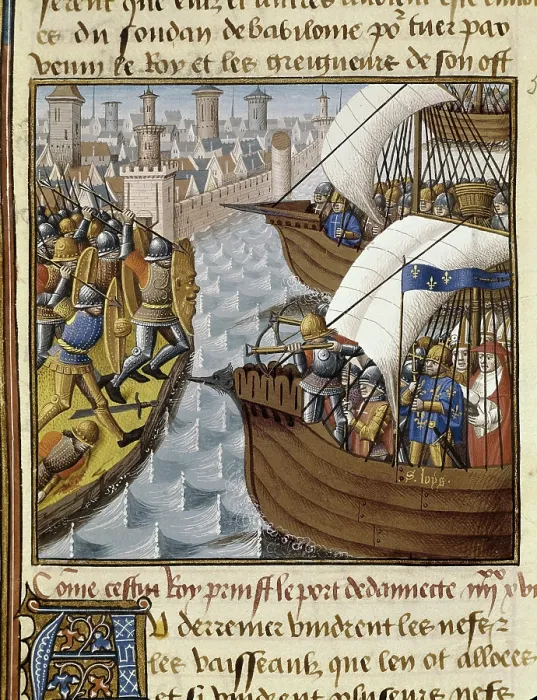 Framed Print : VINCENT of BEAUVAIS (1190-1264). Speculum historiale. ca. 1460. Seventh Crusade. The Crusaders fleet in front of the coast of Damietta in 1249