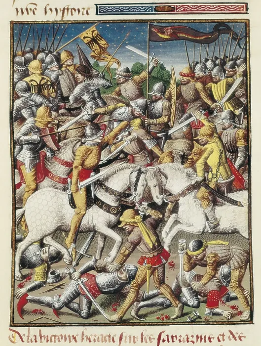 Framed Print : VINCENT of BEAUVAIS (1190-1264). Speculum historiale. ca. 1460. Page 2454. The Byzantine Emperor Heraclius defeating Saracen people (8th. Gothic art. Miniature Painting. FRANCE)