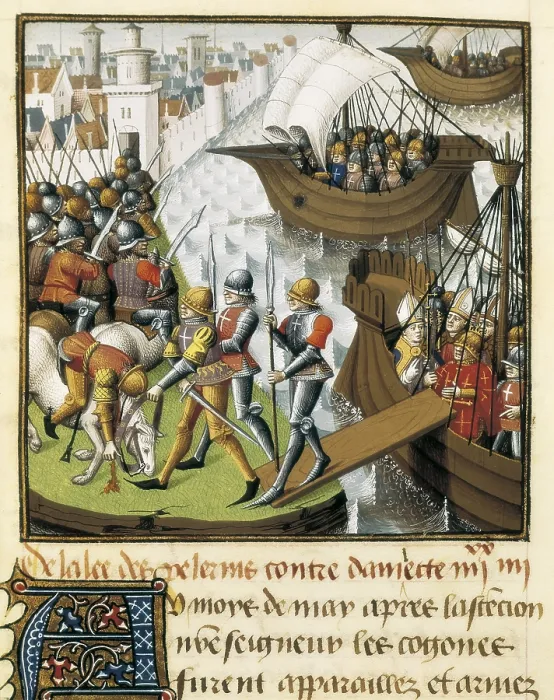Framed Print : VINCENT of BEAUVAIS (1190-1264). Speculum historiale. ca. 1460. Seventh Crusade. The Crusaders fleet disembarking in Damietta in 1249. Fol