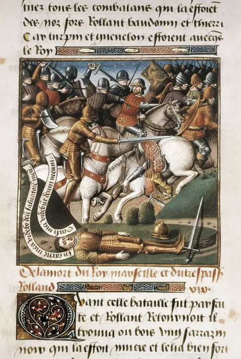 Framed Print : VINCENT of BEAUVAIS (1190-1264). Speculum historiale. ca. 1460. Battle of Roncevaux. Scene from Roland's death. Miniature Painting. FRANCE. Chantilly. Muse Cond (Cond Museum)