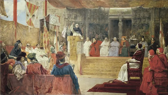 Framed Print : VINIEGRA Y LASSO, Salvador (1862-1915). Compromise of Caspe. Saint Vicente Ferrer from the pulpit speaking to the mediators assembled in Caspe (1412). Oil on canvas