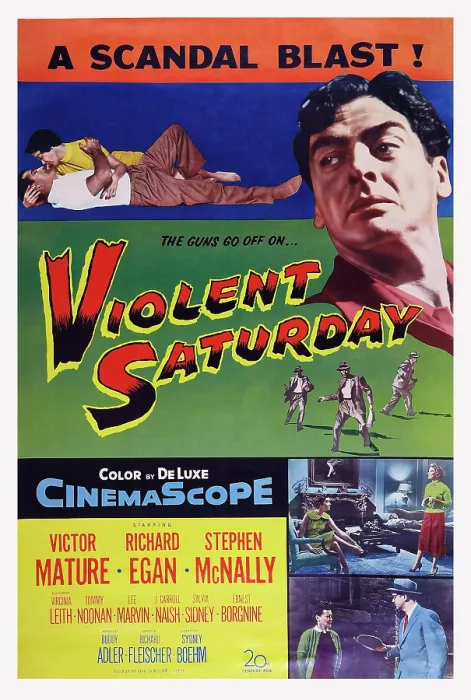 Framed Print : VIOLENT SATURDAY, US poster art, top right: Victor Mature, 1955. TM and copyright 20th Century Fox Film Corp. All rights reserved / Courtesy Everett Collection Framed Print : VIOLENT SATURDAY, US poster art, top right: Victor Mature, 1955. TM and copyright 20th Century Fox Film Corp. All rights reserved / Courtesy Everett Collection