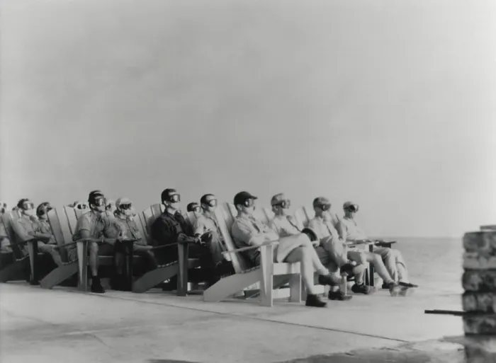 Framed Print : VIPs view the DOG shot, an 81 kiloton atomic detonation wearing safety goggles. They are sitting on Adirondack chair of the Officers Beach Club patio on Enewetak Island Framed Print : VIPs view the DOG shot, an 81 kiloton atomic detonation wearing safety goggles. They are sitting on Adirondack chair of the Officers Beach Club patio on Enewetak Island