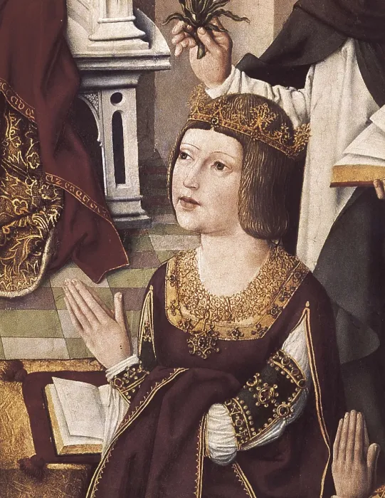 Framed Print : The Virgin of the Catholic Monarchs. 1495-1497. Detail with the Queen Isabel the Catholic praying. Oil on wood. SPAIN. Madrid. Prado Museum