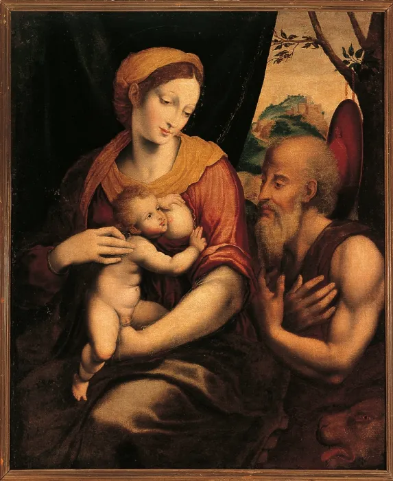 Framed Print : The Virgin and Child Adored by St Jerome, by Morales Luis de, about, 16th Century, cm 86 x 71 - Italy, Lazio, Rome, Palazzo Koch, Gualino collections Framed Print : The Virgin and Child Adored by St Jerome, by Morales Luis de, about, 16th Century, cm 86 x 71 - Italy, Lazio, Rome, Palazzo Koch, Gualino collections