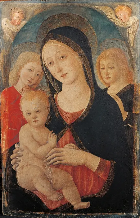 Framed Print : Virgin with Child and Two Angels, by Guidoccio Cozzarelli, 1490 - 1499, 15th Century, tempera on poplar bard, 60 x 37 cm - Italy, Lombardy, Milan, Brera Collection