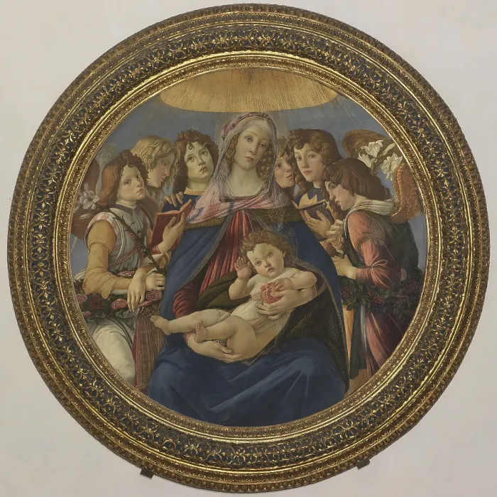 Framed Print : Virgin and Child with six angels (Madonna of the Pomegranate), by Sandro Filipepi Known as Botticelli, 1487, 15th Century, tempera on panel, 143, 5 cm - Italy, Tuscany, Florence