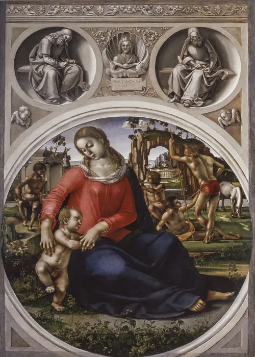 Framed Print : The Virgin and Child with Figures (La Vergine con Bambino e figure o Madonna col Bambino tra ignudi), by Luca Signorelli, 1490, 15th Century, tempera on board