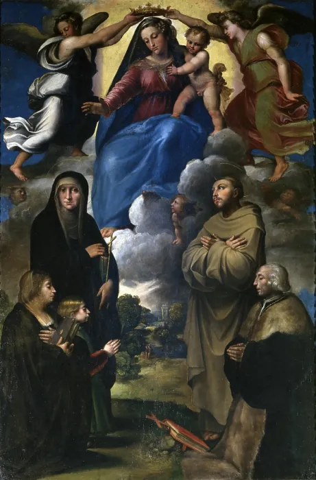 Framed Print : Virgin with Child in Glory Crowned by Angels with Saints Monica and Francis and two Clients, attributed to Bartolomeo Ramenghi also known as Bagnacavallo, 1500 - 1549