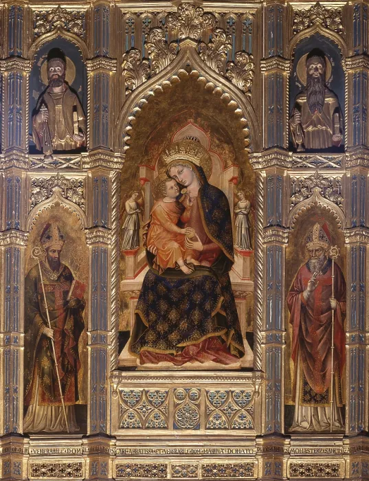 Framed Print : Virgin and Child with Saints, by Stefano Veneziano said of St. Agnes, 14th century. - Italy, Veneto, Venice, San Zaccaria Church. Whole artwork view Framed Print : Virgin and Child with Saints, by Stefano Veneziano said of St. Agnes, 14th century. - Italy, Veneto, Venice, San Zaccaria Church. Whole artwork view