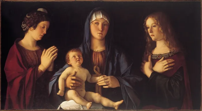 Framed Print : Virgin with Child and Sts Catherine and Magdalene, by Giovanni Bellini, 1490 - 1500 about, 15th Century, oil on panel, cm 58 x 107 - Italy, Veneto, Venice