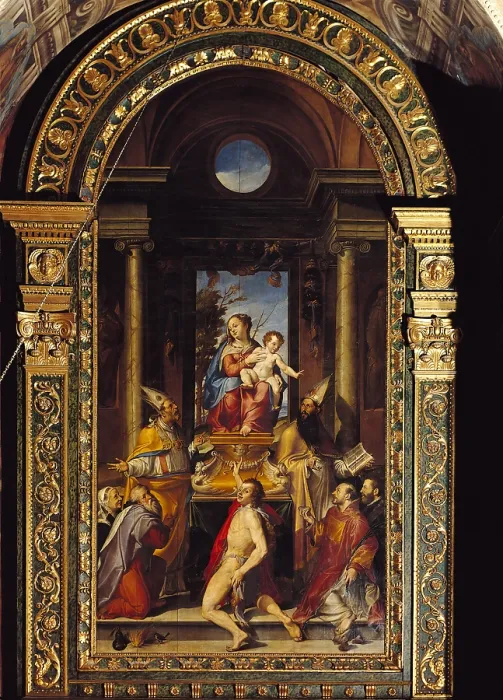 Framed Print : Virgin with Child on a throne and saints, by Bartolomeo Passarotti, also known as Passerotti, 1560 - 1565, 16th Century, oil on board, 300 x 200 cm - Italy, Emilia Romagna Framed Print : Virgin with Child on a throne and saints, by Bartolomeo Passarotti, also known as Passerotti, 1560 - 1565, 16th Century, oil on board, 300 x 200 cm - Italy, Emilia Romagna