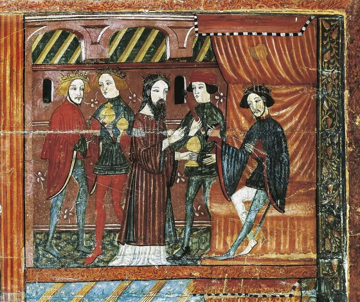 Framed Print : Virgin Frontal. s.XIV. Right upper detail. Scene of the Kings before Herod. Gothic art. Tempera on wood. SPAIN. Vic. Vic Episcopal Museum. Proc: SPAIN. CATALONIA Framed Print : Virgin Frontal. s.XIV. Right upper detail. Scene of the Kings before Herod. Gothic art. Tempera on wood. SPAIN. Vic. Vic Episcopal Museum. Proc: SPAIN. CATALONIA