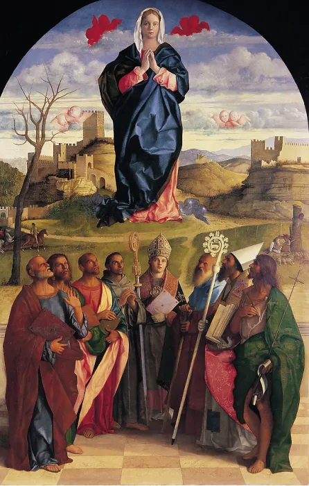 Framed Print : Virgin in Glory with Eight Saints, by Giovanni Bellini, 1509 - 1513, 16th Century, panel, cm 350 x 225 - Italy, Veneto, Venice, Accademia Art Galleries, formerly at Murano. All Framed Print : Virgin in Glory with Eight Saints, by Giovanni Bellini, 1509 - 1513, 16th Century, panel, cm 350 x 225 - Italy, Veneto, Venice, Accademia Art Galleries, formerly at Murano. All