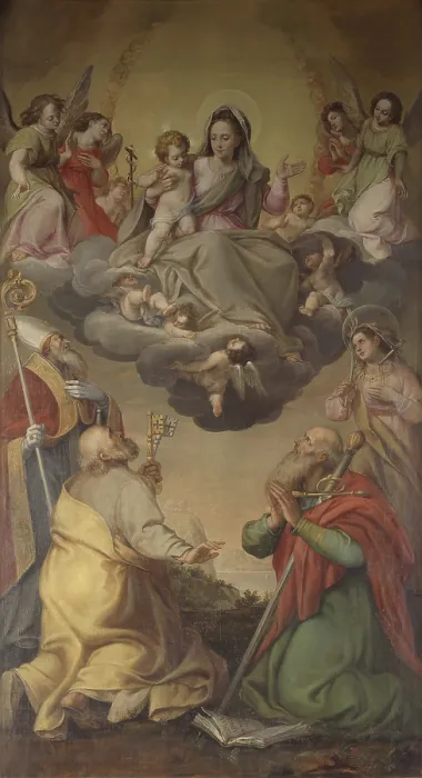 Framed Print : The Virgin in Glory with Saints Peter and Paul, a Saint Bishop and Saint Giustina, School of Federico Fiori also known as Barocci or Baroccio, 17th Century, oil on canvas