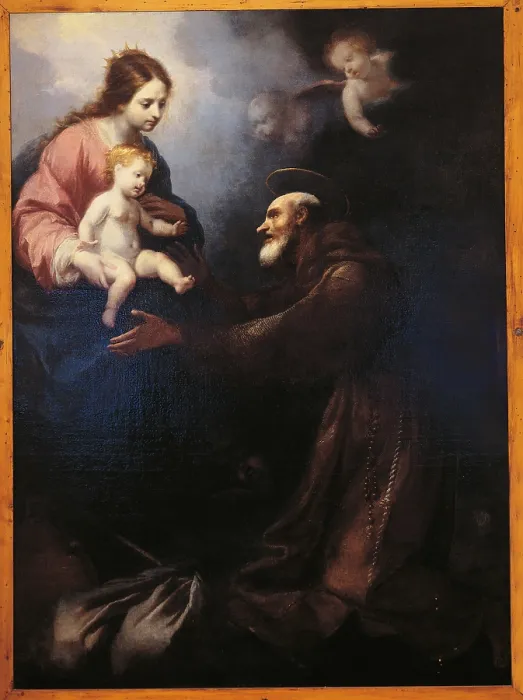 Framed Print : The Virgin Mary Gives St Felice da Cantalice the Infant Jesus, by Simone Pignoni, 17th Century, - Italy, Tuscany, Arezzo, Cortona, Eremo delle Celle. All