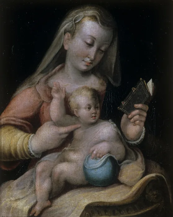 Framed Print : Virgin Mary reading with Baby Jesus, by Barbara Longhi, first half of the 16th Century, oil on canvas - Italy, Emilia Romagna, Ravenna, Civic Collection. Whole artwork view