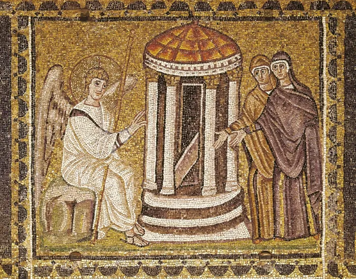 Framed Print : Virgin Mary in the Sepulchre. 6th c. ITALY. Ravenna. San Apollinare Nuovo. Decorations of the upper right section of the ceNTRAL NAVE. Early Byzantine art. Mosaic