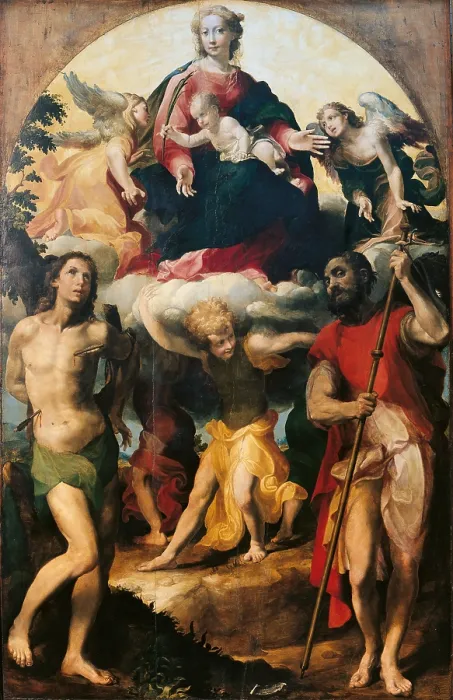 Framed Print : Virgin Mary with St Sebastian and St Roch, by Michelangelo Anselmi, 1535 about, 16th Century, oil on panel, cm 239, 8 x 152, 8 - Italy, Emilia Romagna, Parma, National Gallery. All Framed Print : Virgin Mary with St Sebastian and St Roch, by Michelangelo Anselmi, 1535 about, 16th Century, oil on panel, cm 239, 8 x 152, 8 - Italy, Emilia Romagna, Parma, National Gallery. All