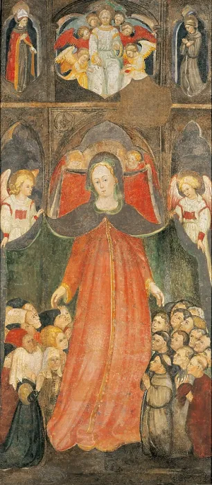 Framed Print : Virgin of Mercy with offerers and angels, Christ enthroned among angels, saint bishop and Saint Francis, by Bonifacio Bembo, 15th century, detached fresco - Italy, Lombardy Framed Print : Virgin of Mercy with offerers and angels, Christ enthroned among angels, saint bishop and Saint Francis, by Bonifacio Bembo, 15th century, detached fresco - Italy, Lombardy