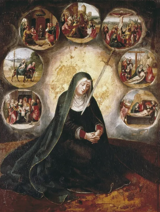 Framed Print : Virgin of the Seven SorrowsVirgin of the Seven SorrowsVirgin of the Seven Sorrows. 1520 - 1540. Painted by the Master of the Half Lengths. Baroque art. Oil on wood. SPAIN