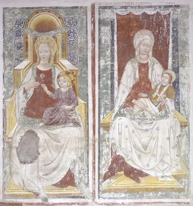 Framed Print : Two Virgins with Children, by Unknown Artist, 15th Century, fresco - Italy, Lombardy, Belgioioso, Oratory of Saint James of the Cerreta. Whole artwork view Framed Print : Two Virgins with Children, by Unknown Artist, 15th Century, fresco - Italy, Lombardy, Belgioioso, Oratory of Saint James of the Cerreta. Whole artwork view