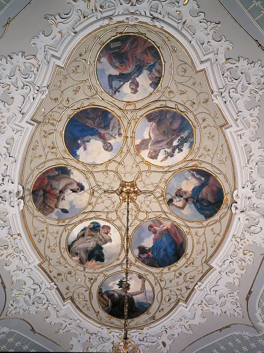 Framed Print : Virtues of the Good Government, by Antonio Ricci, 17th Century - 18th Century, fresco, - Italy, Lombardy, Cremona, Town Hall. All. Virtues Good Government tondos stucco gold