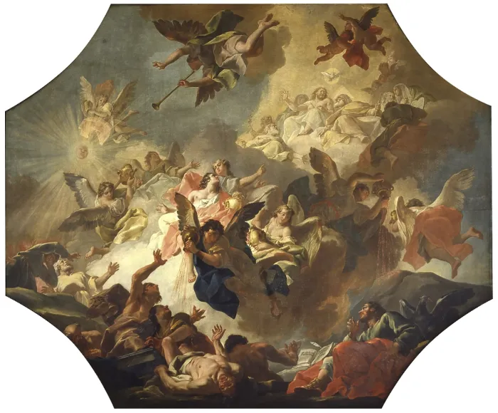 Framed Print : Vision of Seven Angels and Seven Vases, by Jacopo Guarana, 1760, 18th Century, canvas - Italy, Veneto, Venice, Major School of Saint John the Evangelist. Whole artwork view Framed Print : Vision of Seven Angels and Seven Vases, by Jacopo Guarana, 1760, 18th Century, canvas - Italy, Veneto, Venice, Major School of Saint John the Evangelist. Whole artwork view