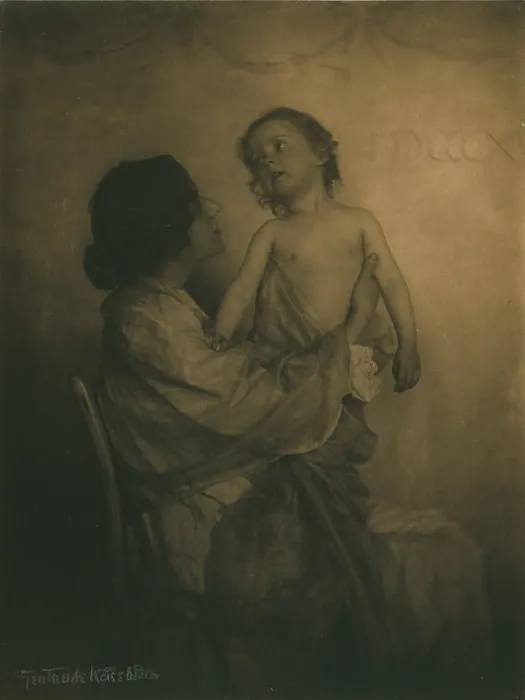 Framed Print : The Vision, woman holding young child standing on her lap, the child gazes into the distance over the woman's head, photograph by Gertrude Kasebier, 1898