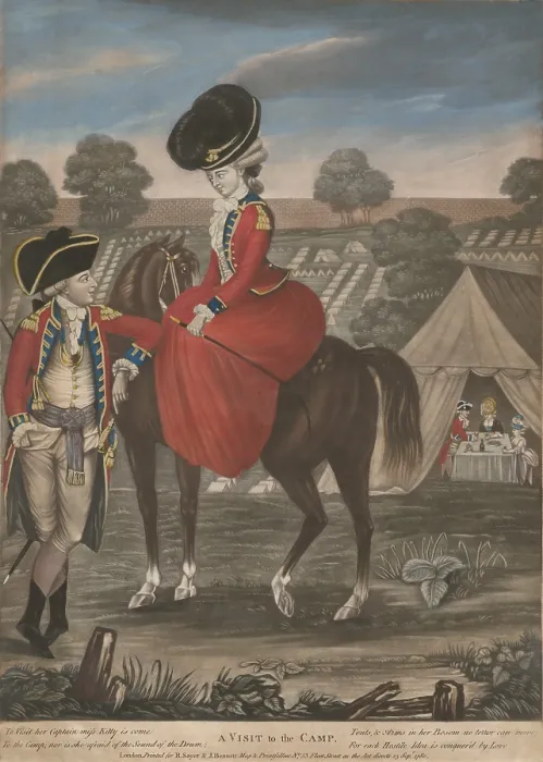 Framed Print : A Visit to the Camp, a 1780 British mezzotint shows an attractive mounted woman, wearing a semi-military styled riding-habit, as she is greeted by British officer Framed Print : A Visit to the Camp, a 1780 British mezzotint shows an attractive mounted woman, wearing a semi-military styled riding-habit, as she is greeted by British officer