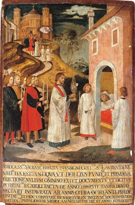 Framed Print : Visit to St Lawrence, by Anonymous Lombard Artist, 1597, 16th Century, panel, - Italy, Lombardy, Milan, San Lorenzo Basilica, forceps-shaped atrium in SantAquilino. All