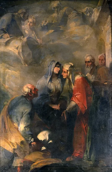 Framed Print : Visitation, by Carlo Donelli also known as Vimercati, 1690, 17th Century, oil on canvas - Italy, Lombardy, Lodi, Diocesan Museum. Whole artwork view. Mary visiting Elisabeth
