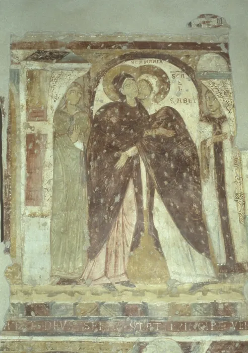 Framed Print : Visitation, by Unknown Artist, 11th Century, fresco - Italy, Lombardy, Casorezzo, Church of Saint Salvatore. Whole artwork view. Fragment of a fresco with the visitation Framed Print : Visitation, by Unknown Artist, 11th Century, fresco - Italy, Lombardy, Casorezzo, Church of Saint Salvatore. Whole artwork view. Fragment of a fresco with the visitation