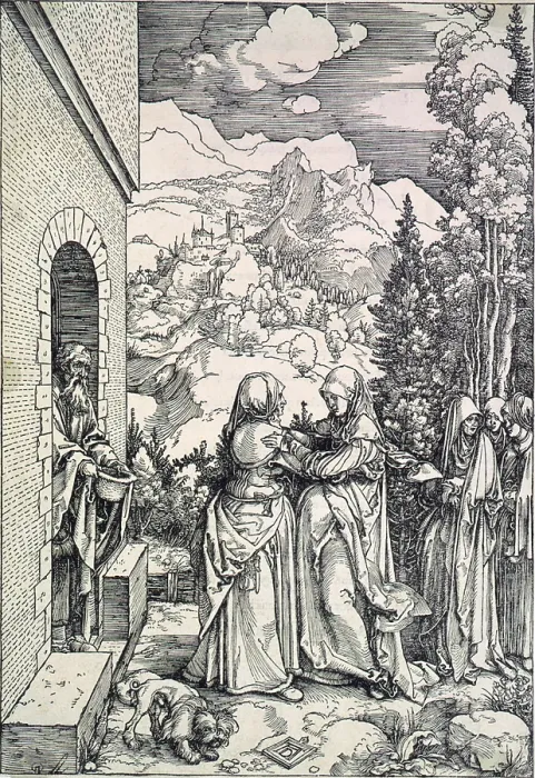 Framed Print : The Visitation, The Virgin and St. Elizabeth greet each other while Zacharias observes, by Albrecht Durer, circa early 1500s