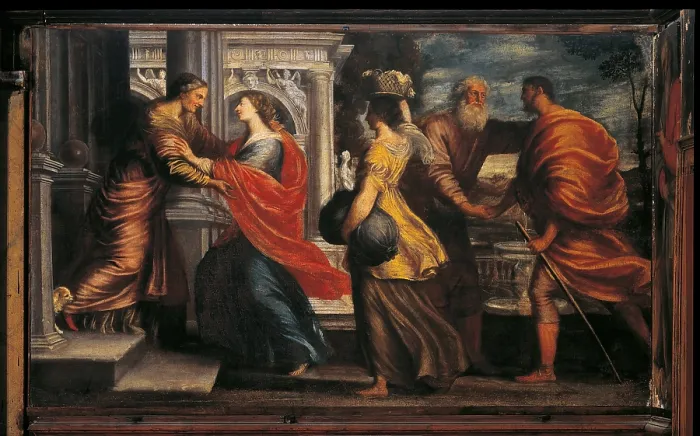 Framed Print : Visitation (Visitazione), by Enrico Fallange, and of the 17th Century, oil on canvas - Italy, Venice, Church of St. Bartholomew, Oratorio dei Tedeschi. Whole artwork view