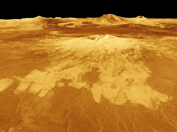 Framed Print : Volcano named Sapas Mons on Venus. This 1990-91 computer-generated image incorporates hues from color images recorded by the Soviet Venera-13 and Venera-14 missions of 1981