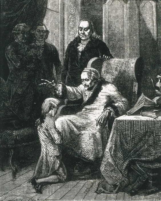 Framed Print : VOLTAIRE, Franois-Marie Arouet, also known as (1694-1778). Voltaire blessing Franklin's grandson. Etching. AISA / Everett Collection**US SALES ONLY** Framed Print : VOLTAIRE, Franois-Marie Arouet, also known as (1694-1778). Voltaire blessing Franklin's grandson. Etching. AISA / Everett Collection**US SALES ONLY**