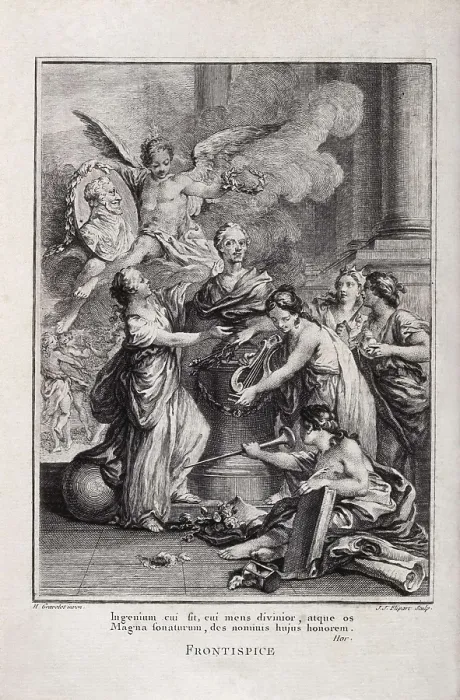 Framed Print : VOLTAIRE, Franois-Marie Arouet, also known as (1694-1778). 'Complete Works'. Frontispice. Edition published in Geneva (1771). Etching. SPAIN. Barcelona