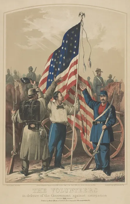Framed Print : The Volunteers in Defence of the Government Against Usurpation, 1861. US Civil War era lithograph of a painting by James Fuller Queen Framed Print : The Volunteers in Defence of the Government Against Usurpation, 1861. US Civil War era lithograph of a painting by James Fuller Queen