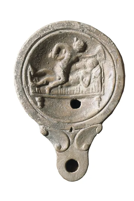 Framed Print : Voluted roman oil lamp with erotic scene. 1st c. A.D. Roman art. Early Empire. Terra-cotta. SPAIN. Barcelona. Archaeology Museum of Catalonia. Proc: SPAIN. L'Escala. Empuries