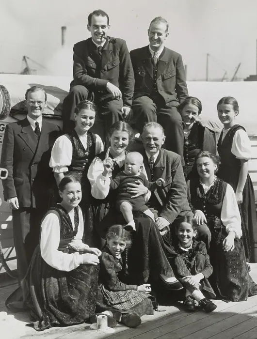 Framed Print : The Von Trapp family (L. to R.) top, Werner & Rupbert, Dr. Franz Wasner extreme left, then Johanna, Martina, Mr. & Mrs Framed Print : The Von Trapp family (L. to R.) top, Werner & Rupbert, Dr. Franz Wasner extreme left, then Johanna, Martina, Mr. & Mrs