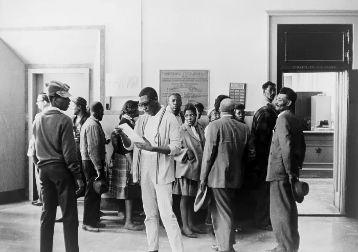Framed Print : Voter registration drive. African Americans wait at the Circuit Court to register to vote in Mississippi. Ca. 1960s