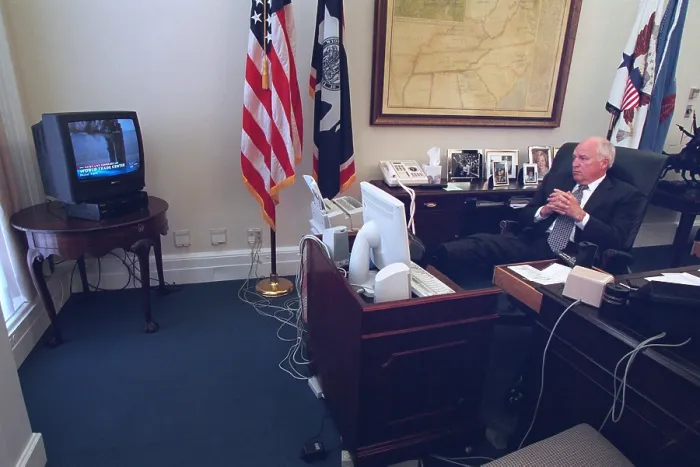 Framed Print : VP Dick Cheney watching the burning World Trade Center in a White House office on Sept. 11, 2001. (BSLOC_2015_14_88) Framed Print : VP Dick Cheney watching the burning World Trade Center in a White House office on Sept. 11, 2001. (BSLOC_2015_14_88)