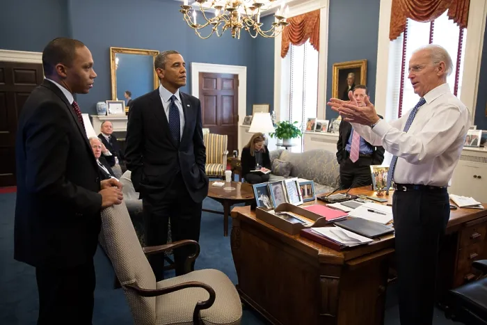 Framed Print : VP Joe Biden meeting with President Obama and Rob Nabors, in Biden's West Wing office. Dec. 31, 2012. (BSLOC_2015_13_239)