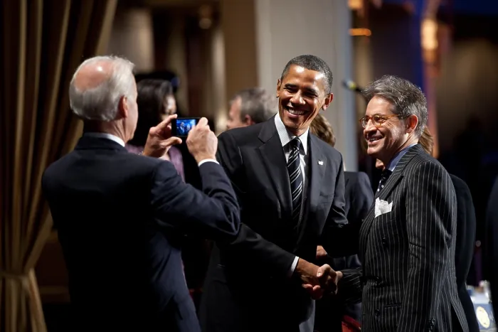 Framed Print : VP Joe Biden snaps a photo of President Obama with author and radio personality Eric Metaxas