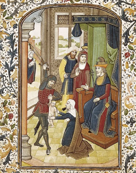 Framed Print : VRELANT, Willem (1410-1481). Book of Hours of Leonor de la Vega. 1465-1470. Judgement of King Solomon. Flemish art. Miniature Painting. PORTUGAL. Coimbra Framed Print : VRELANT, Willem (1410-1481). Book of Hours of Leonor de la Vega. 1465-1470. Judgement of King Solomon. Flemish art. Miniature Painting. PORTUGAL. Coimbra