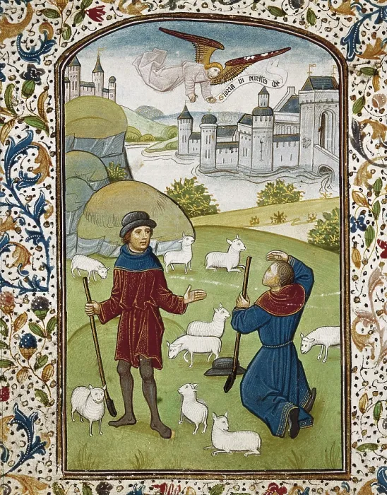 Framed Print : VRELANT, Willem (1410-1481). Book of Hours of Leonor de la Vega. 1465 - 1470. The Annunciation to the Shepherds. Flemish art. Miniature Painting. PORTUGAL. Coimbra